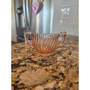 Vintage Imperial Twisted Optic Pink Depression Glass Open Handle Sugar Bowl
